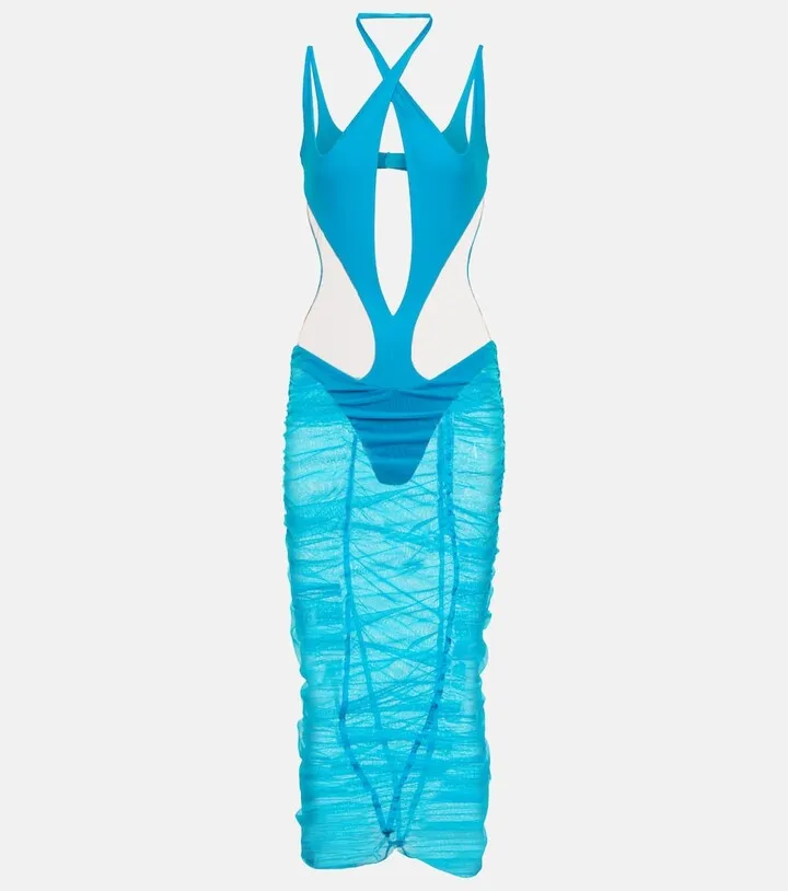 Cutout paneled tulle midi dress