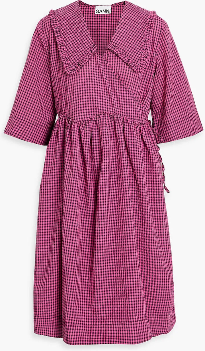 Ruffle-trimmed gingham seersucker wrap dress