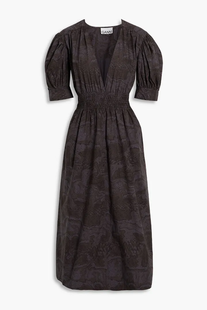 Shirred printed organic cotton-poplin midi dress