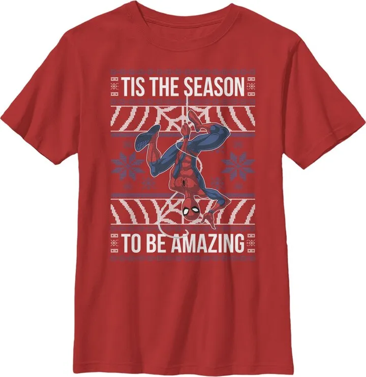 Boy's Marvel Ugly Christmas Spider-Man Season T-Shirt - Red - Large