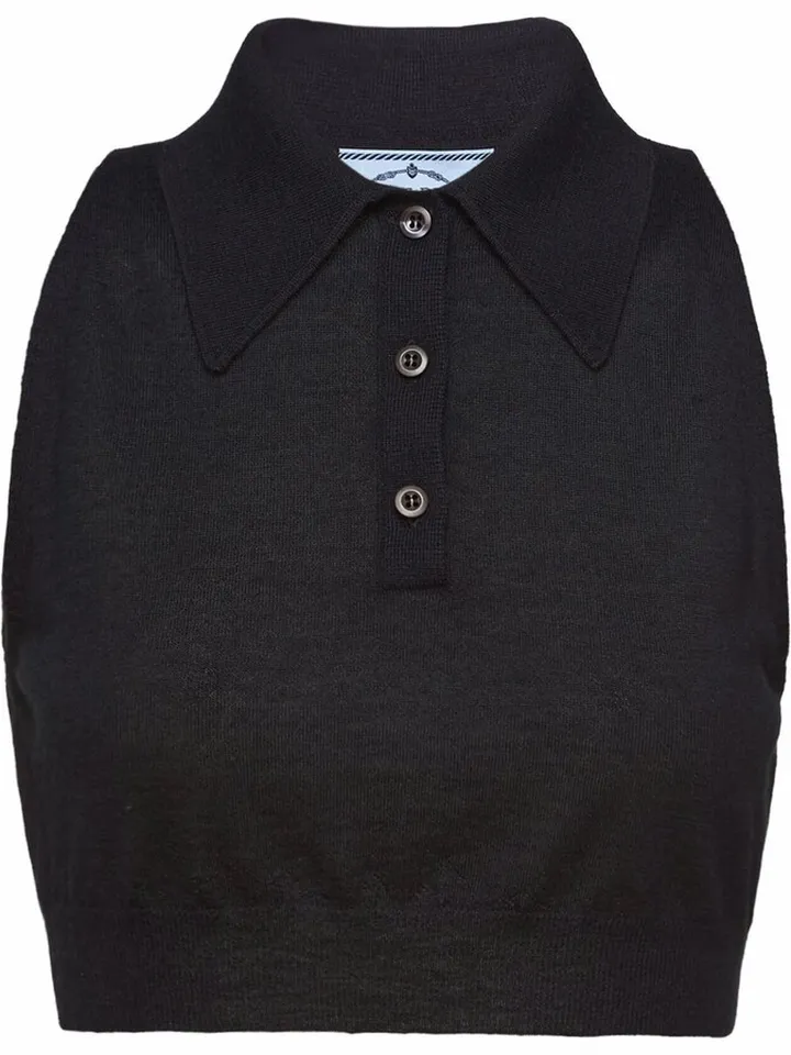 Knitted Cropped Sleeveless Polo Shirt