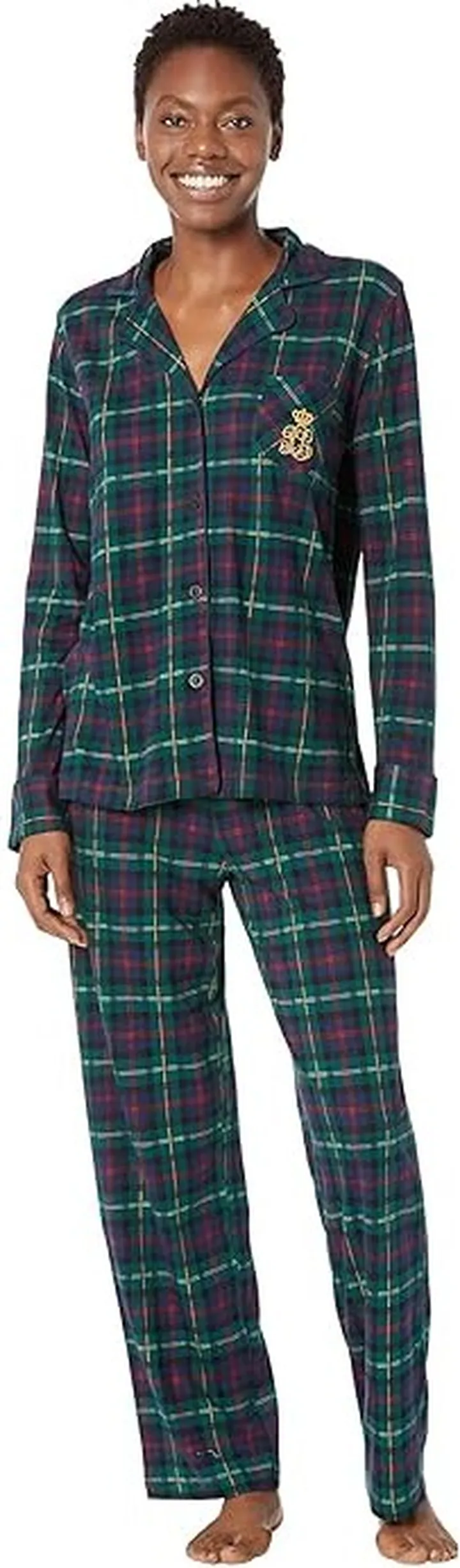 LAUREN Ralph Lauren Petite Knit Long Sleeve Notch Collar Long PJ Set (Green Plaid) Women's Pajama Sets