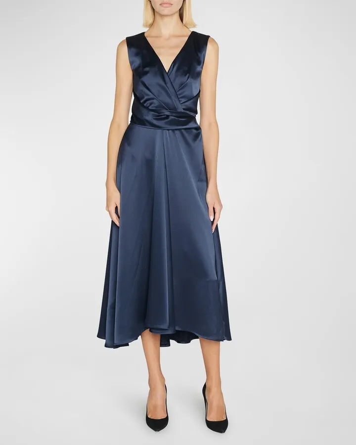 Draped Sleeveless Satin Crepe Midi Dress