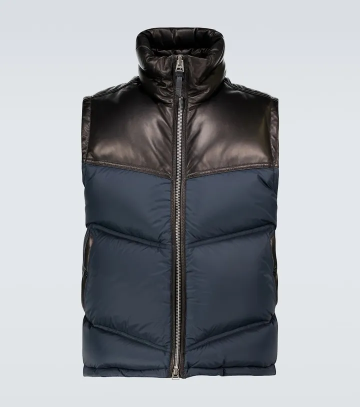 Nylon and leather down-filled gilet