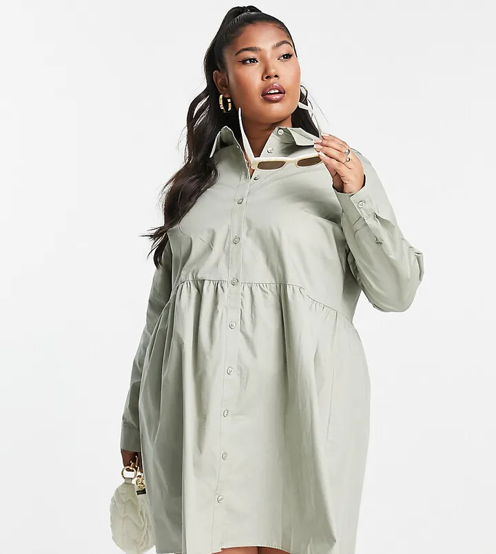 ASOS DESIGN Curve cotton mini smock shirt dress in khaki
