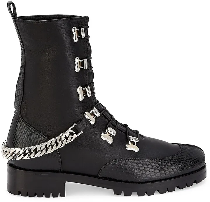 Horse Chain-Trimmed Leather Combat Boots