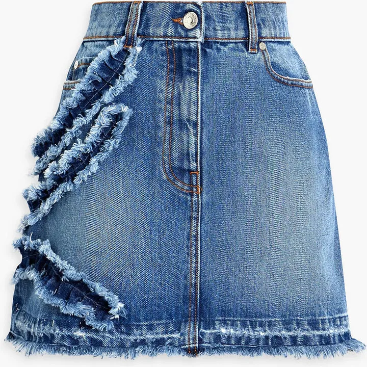 Distressed denim mini skirt