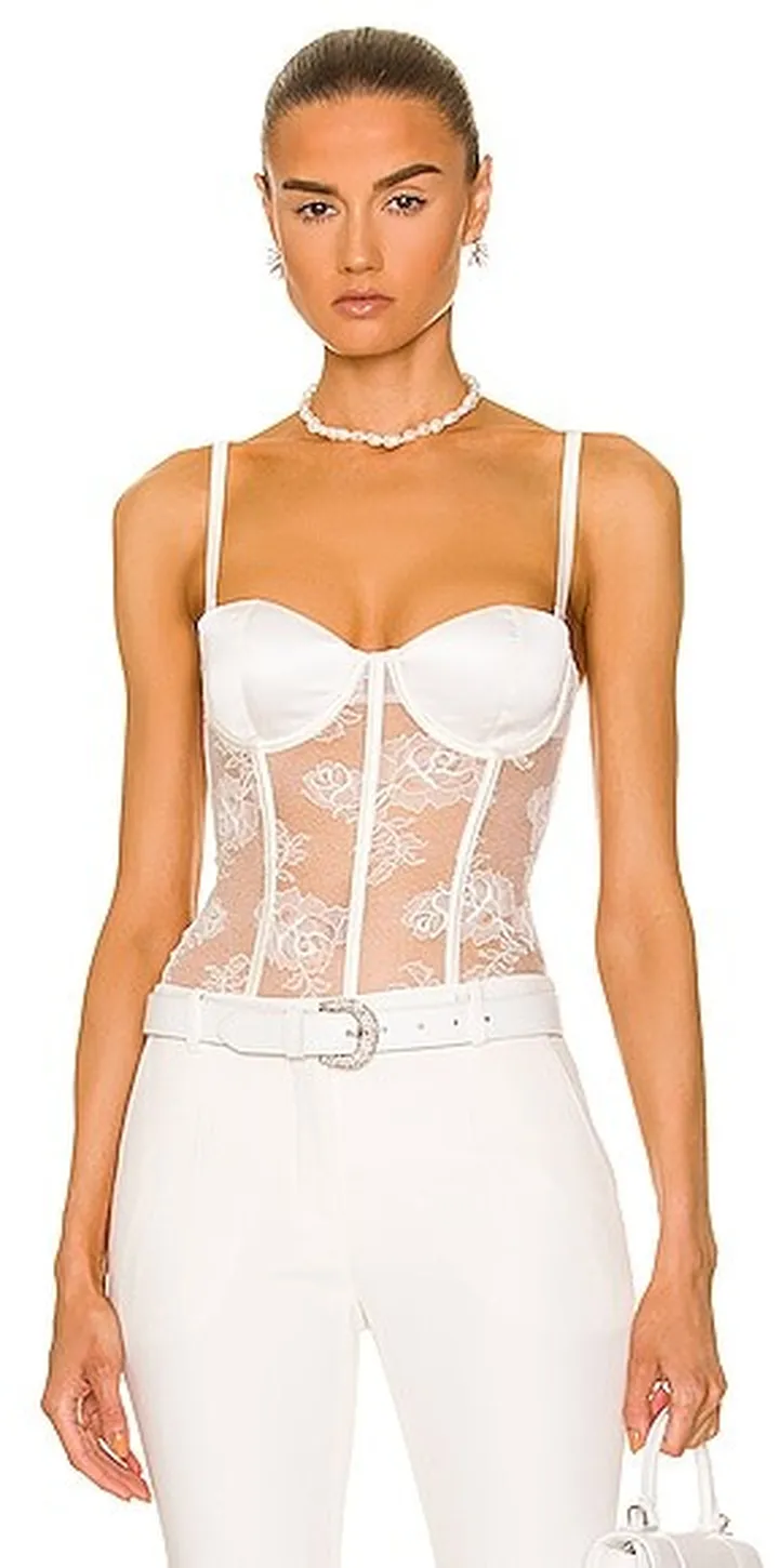 fleur du mal Bouquet Lace & Silk Bodysuit in Ivory