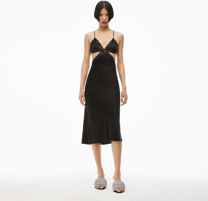 Alexander Wang Women's Lace Cutout Slip Dress In Silk Charmeuse Black