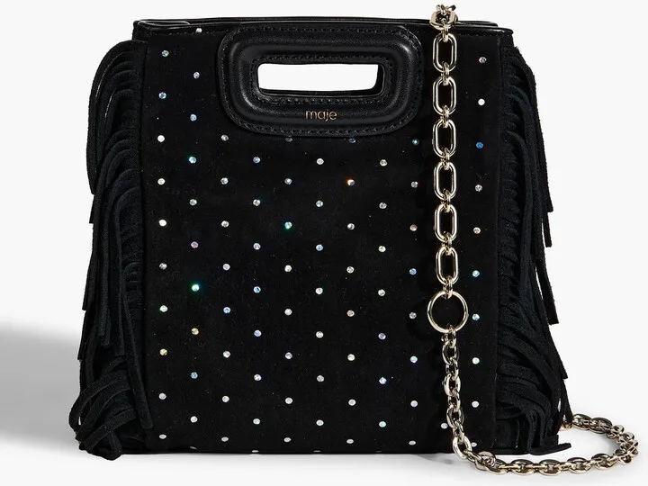 Crystal-embellished fringed polka-dot suede shoulder bag