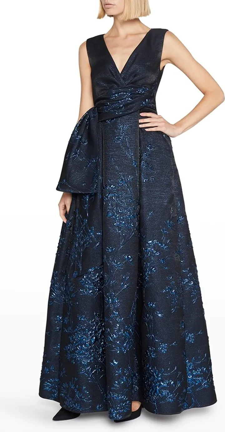 Metallic Twig Silk Jacquard Bow Gown