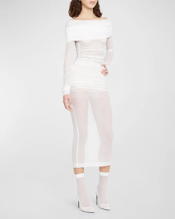 Sheer Tulle Off-Shoulder Ruched Midi Dress