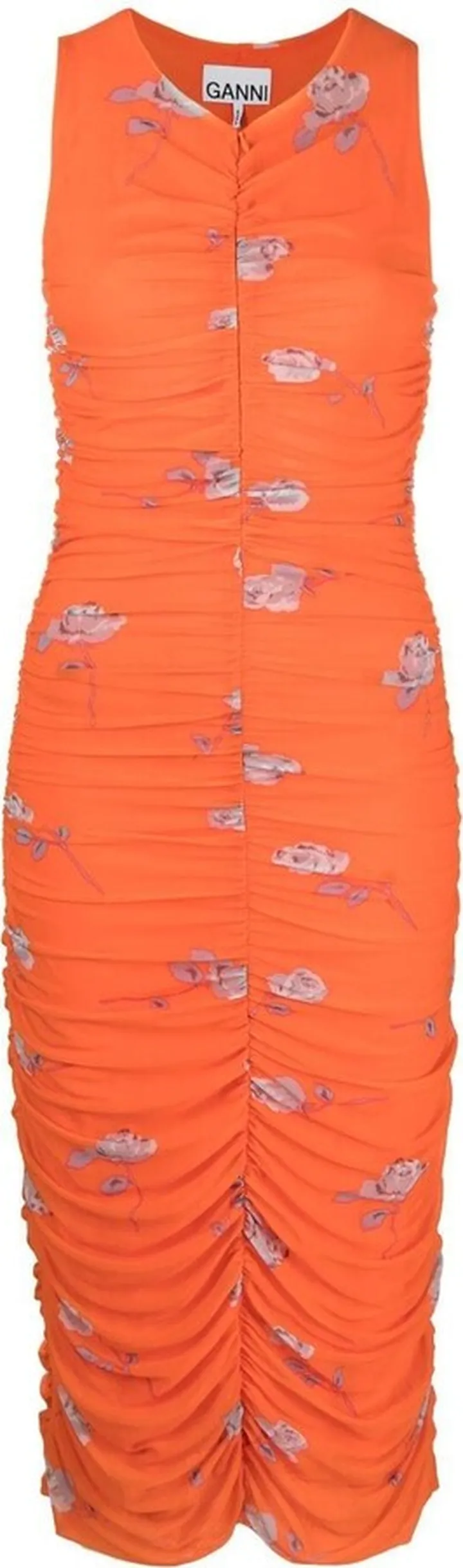 Rose-Print Ruched Mesh Dress