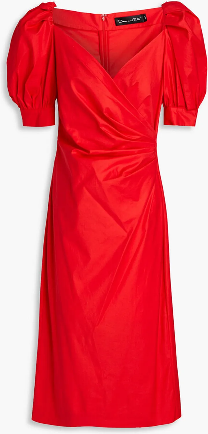 Wrap-effect pleated cotton-blend poplin dress