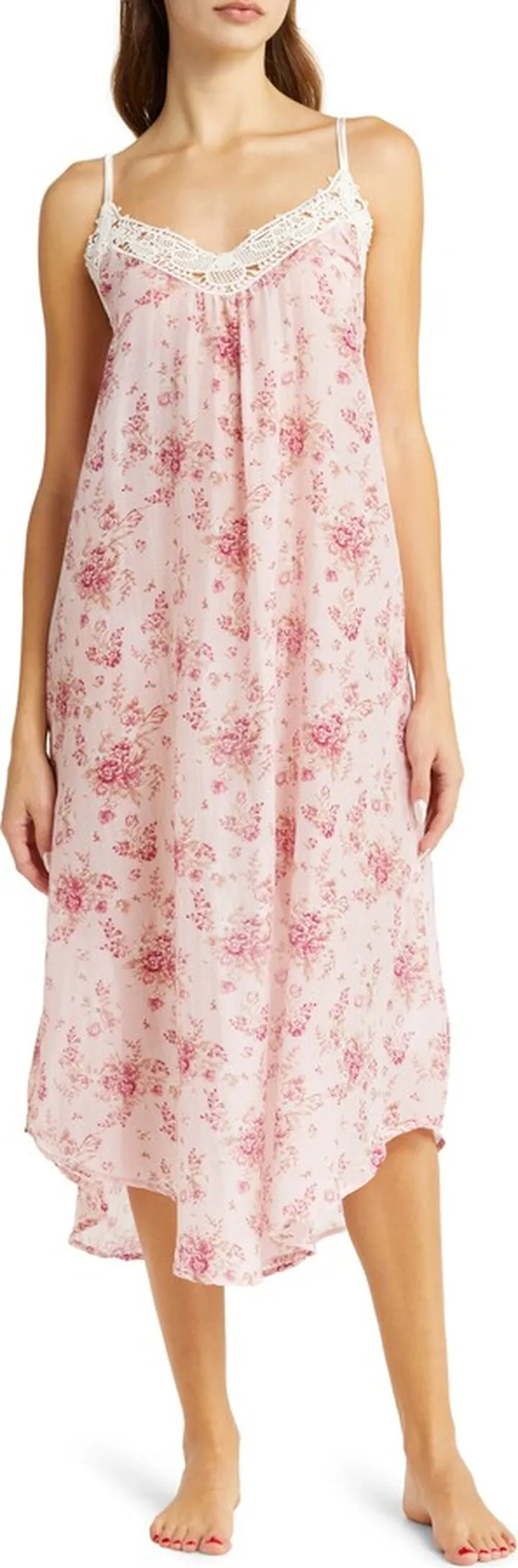 Lou Lou Floral Print Lace Trim Cotton & Silk Nightgown