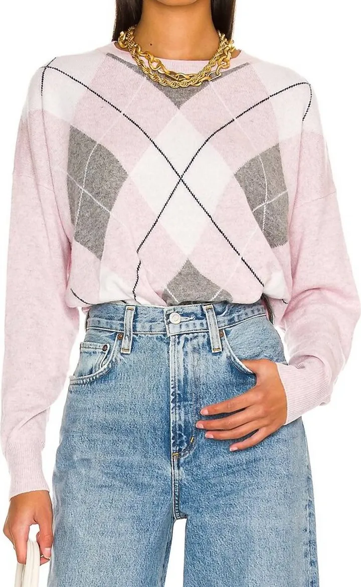 Autumn Cashmere Argyle Crew Top In Pink Heather