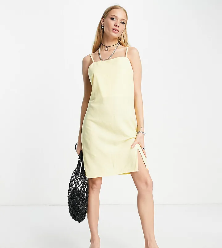 Only exclusive linen look high neck side slit mini dress in yellow