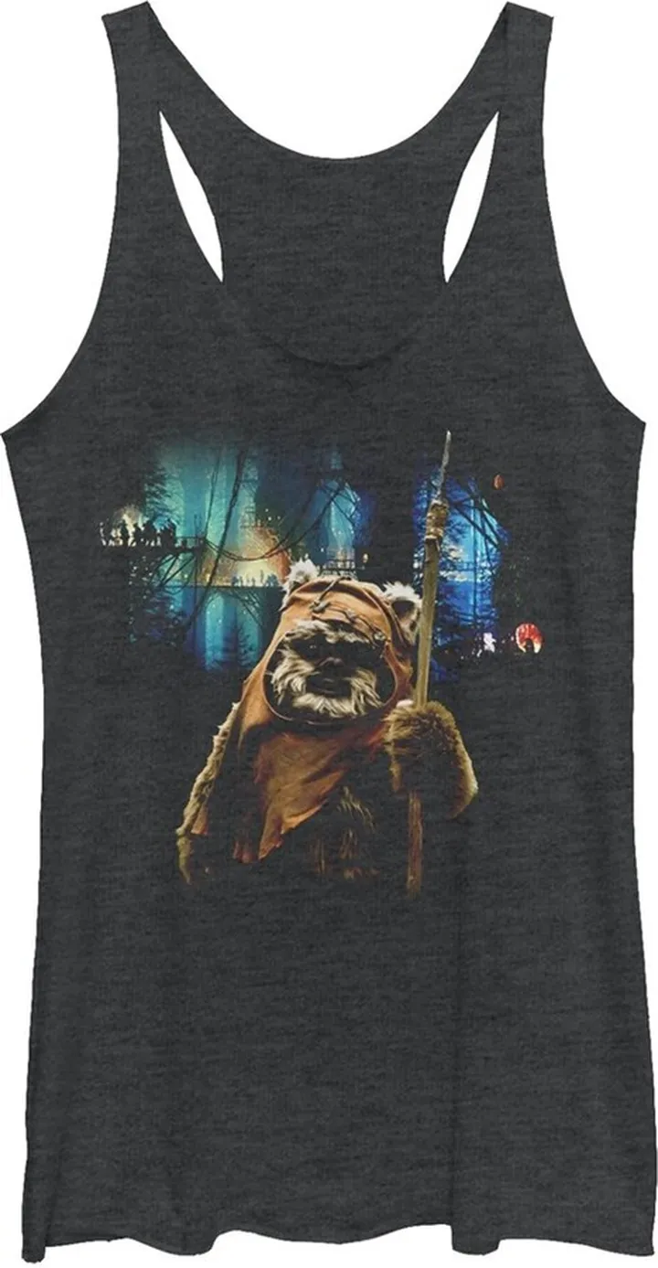 Women's Star Wars Tree Village Wicket Ewok Racerback Tank Top - Black Heather - X Large
