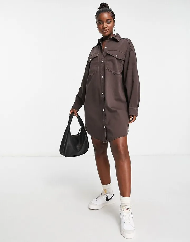 Monki denim mini shirt dress in brown