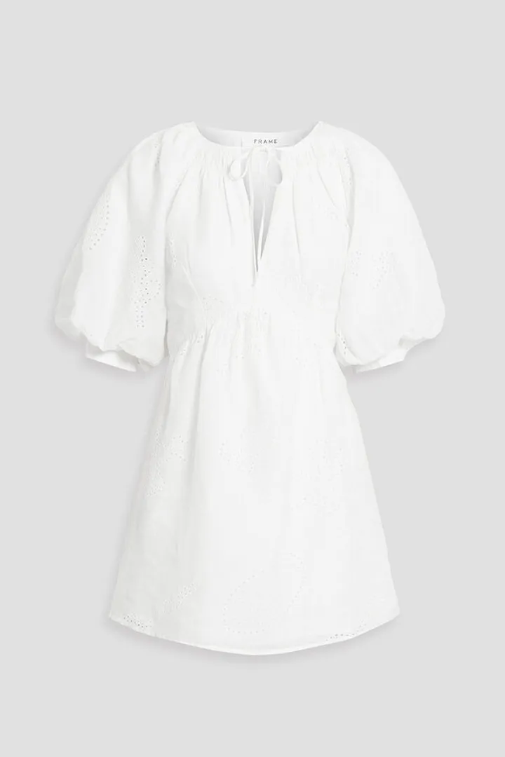 Gathered broderie anglaise ramie mini dress