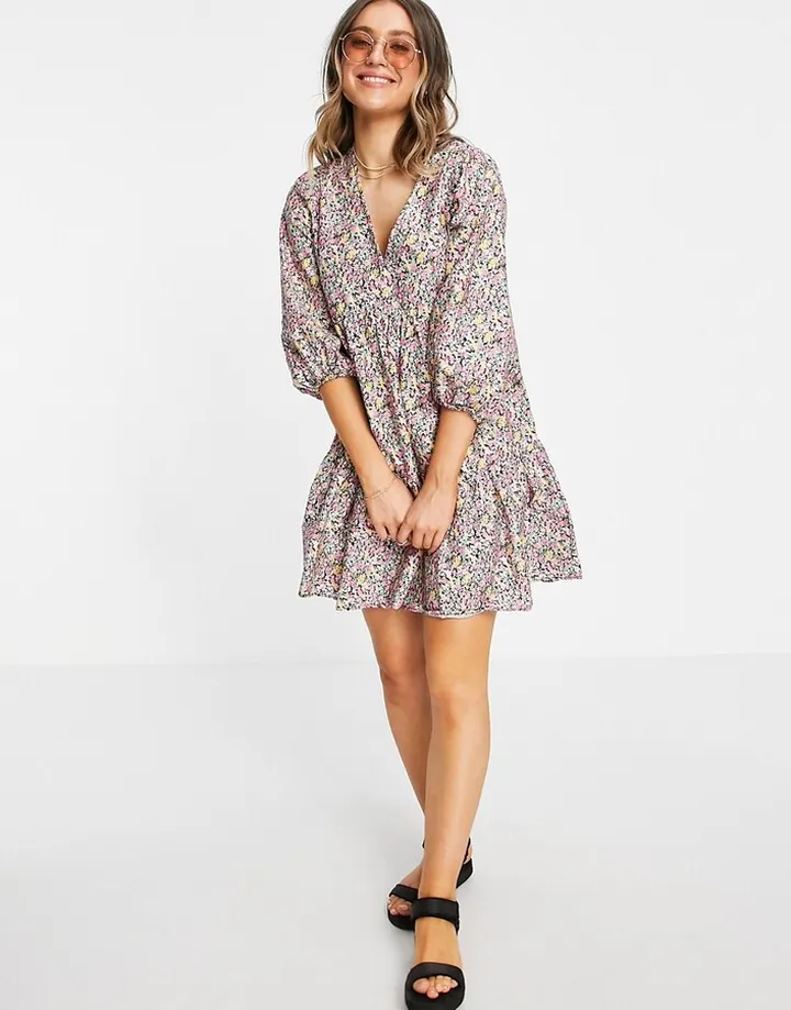 New Look tie neck poplin smock mini dress in black floral