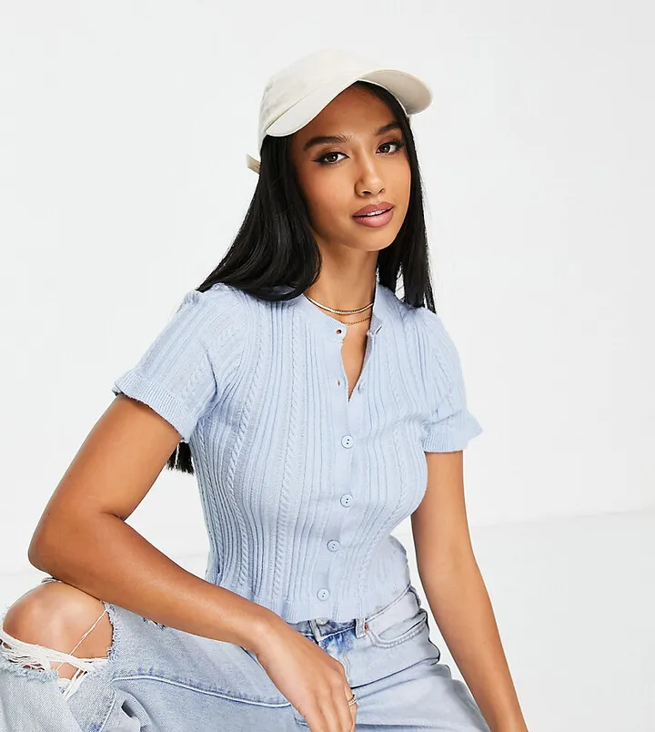 ASOS DESIGN Petite cardigan with mini cable and frill detail in blue