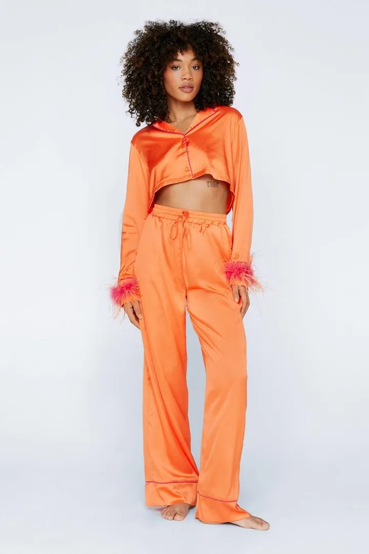 Nasty Gal Womens Ombre Feather Cropped Shirt & Pants Pajama Set