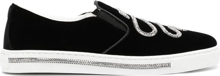 Snake-Embellished Velvet Slip-On Sneakers