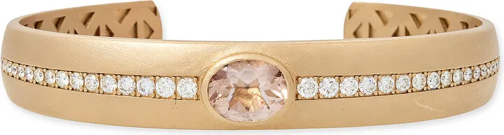 Women's 14k Yellow Gold Morganite Oval Centered Diamond Sides Cuff Bracelet