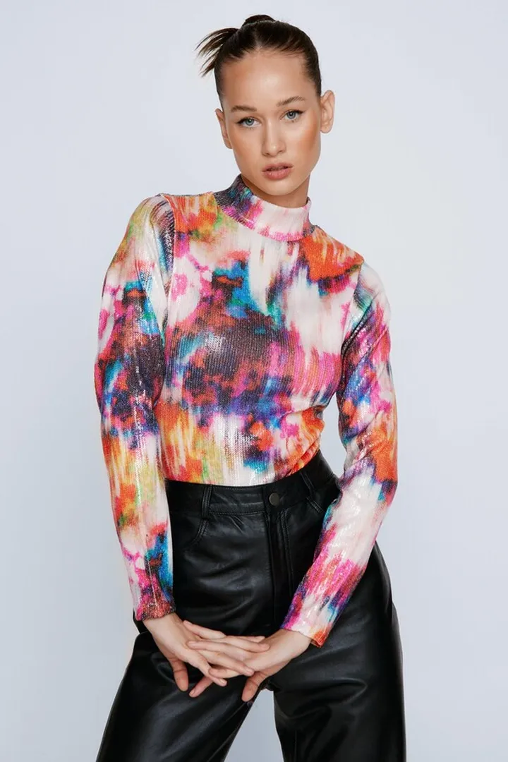 Nasty Gal Womens Abstract Printed Sequin Bodysuit