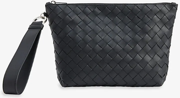 Mens Black Intrecciato Zipped Leather Pouch
