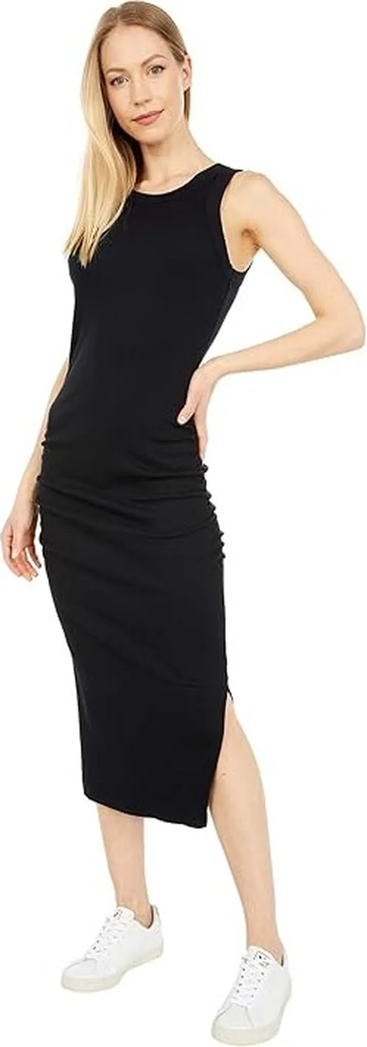 Michael Stars Wren Ultra Rib Midi Dress with Slit (Black) Women's Clothing