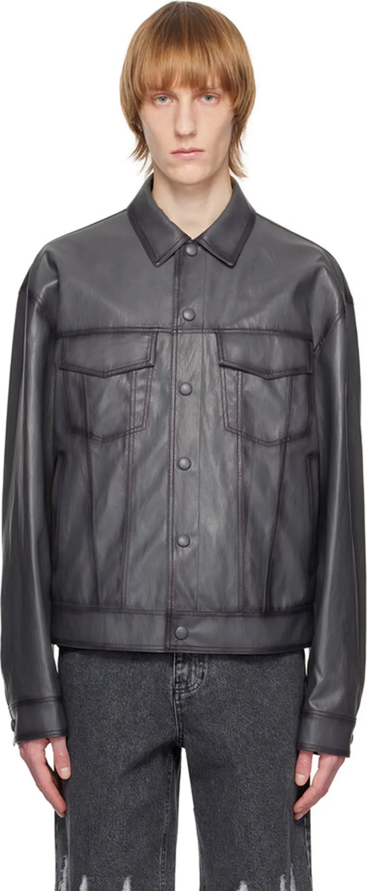 System Gray Spread Collar Faux-Leather Jacket