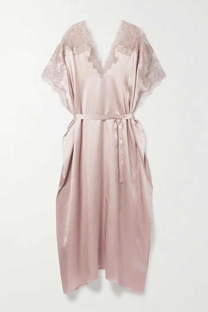 Carine Gilson - Belted Lace-trimmed Silk-satin Kaftan - Gray