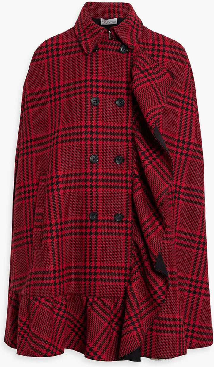 Double-breasted ruffled checked wool-blend tweed cape