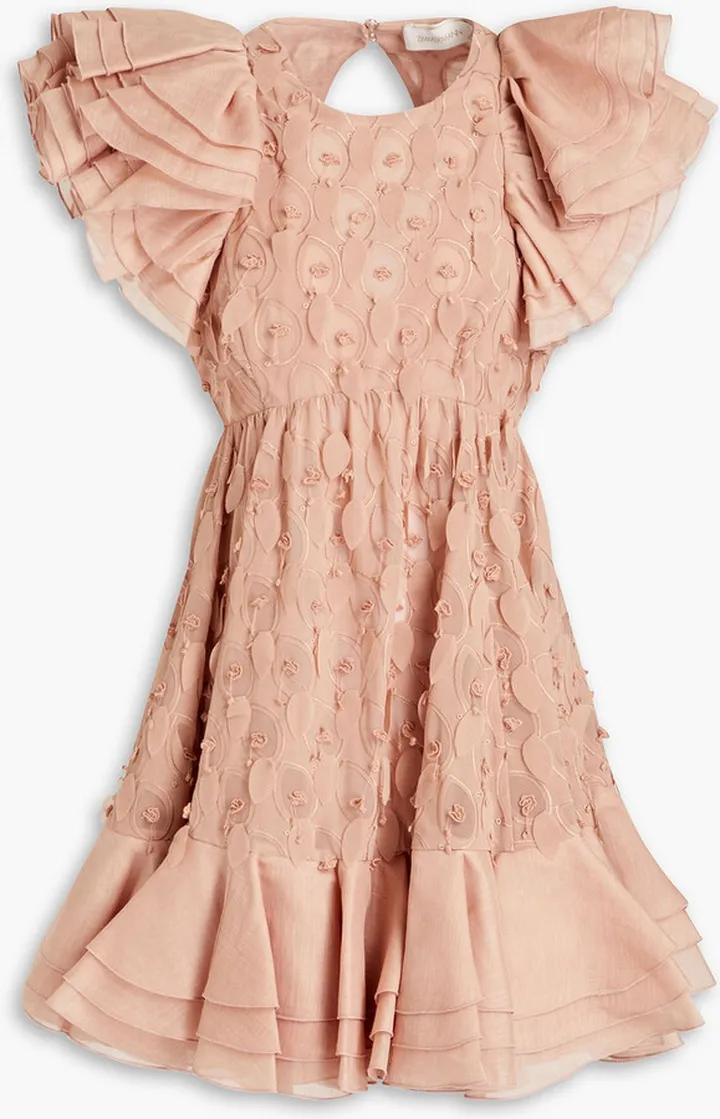 Floral-appliquéd ruffled gauze mini dress