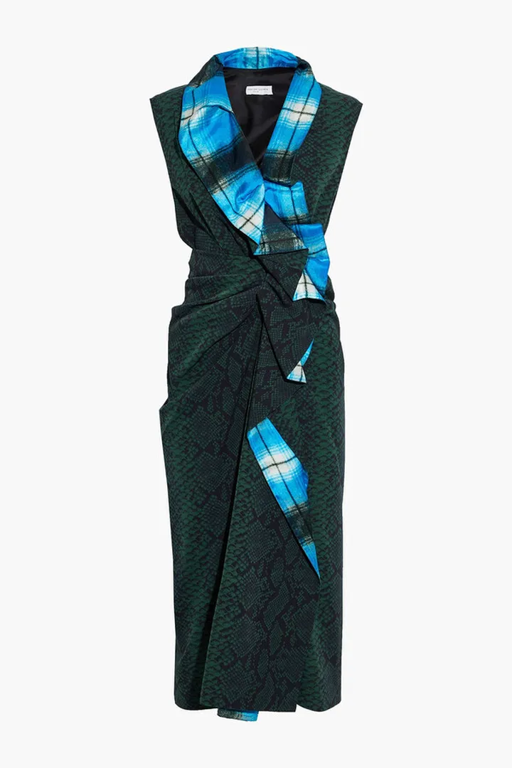 Satin-paneled ruffled printed wool-twill midi dress