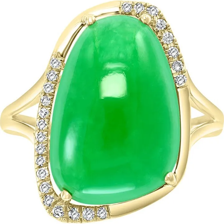 14K Yellow Gold Diamond & Jade Cabochon Ring - 0.11ct.