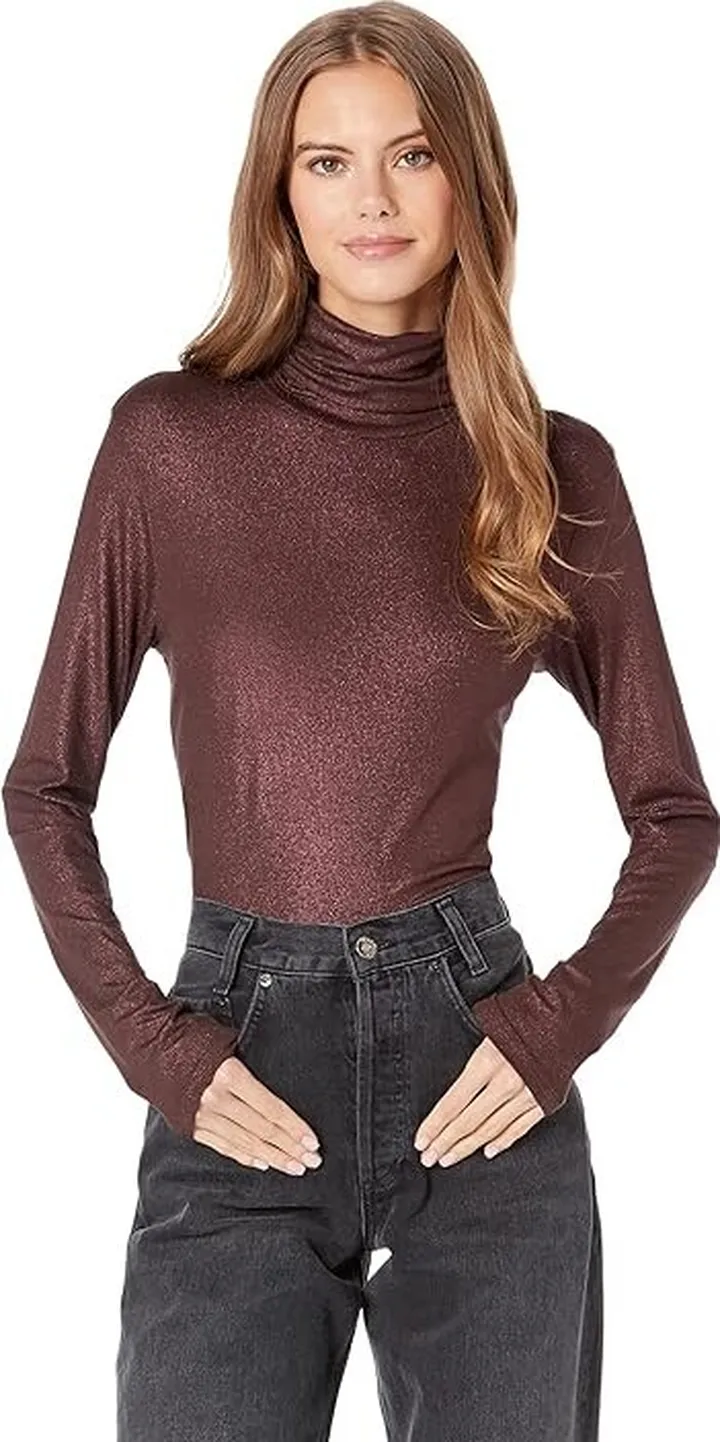 Majestic Filatures Soft Touch Metallic Long Sleeve Turtleneck (Metal Aubergine) Women's Clothing