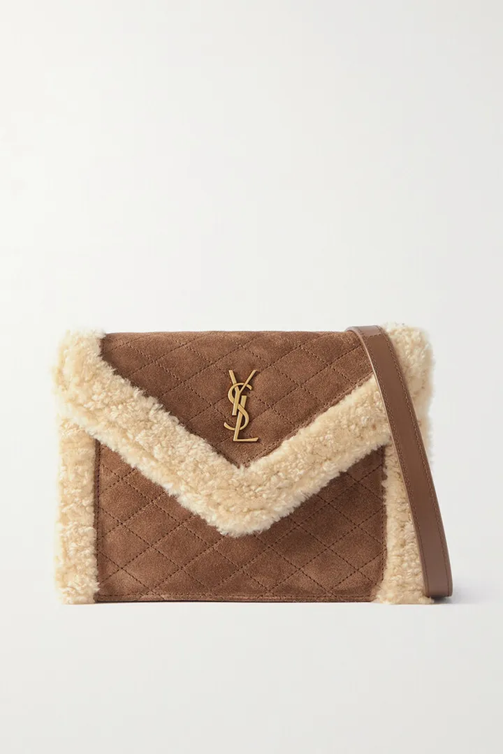 SAINT LAURENT - Gaby Mini Shearling-trimmed Quilted Suede Shoulder Bag - Neutrals