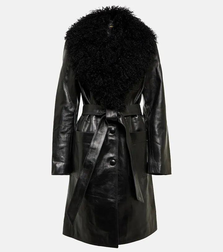 Shearling-trimmed leather coat