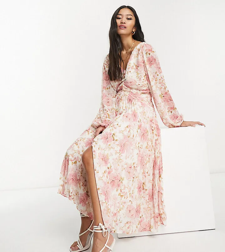 Ever New ruched pleated midaxi dress in pink floral