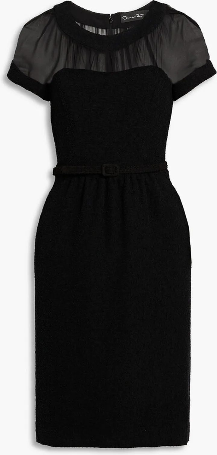 Belted chiffon-paneled wool-blend bouclé dress