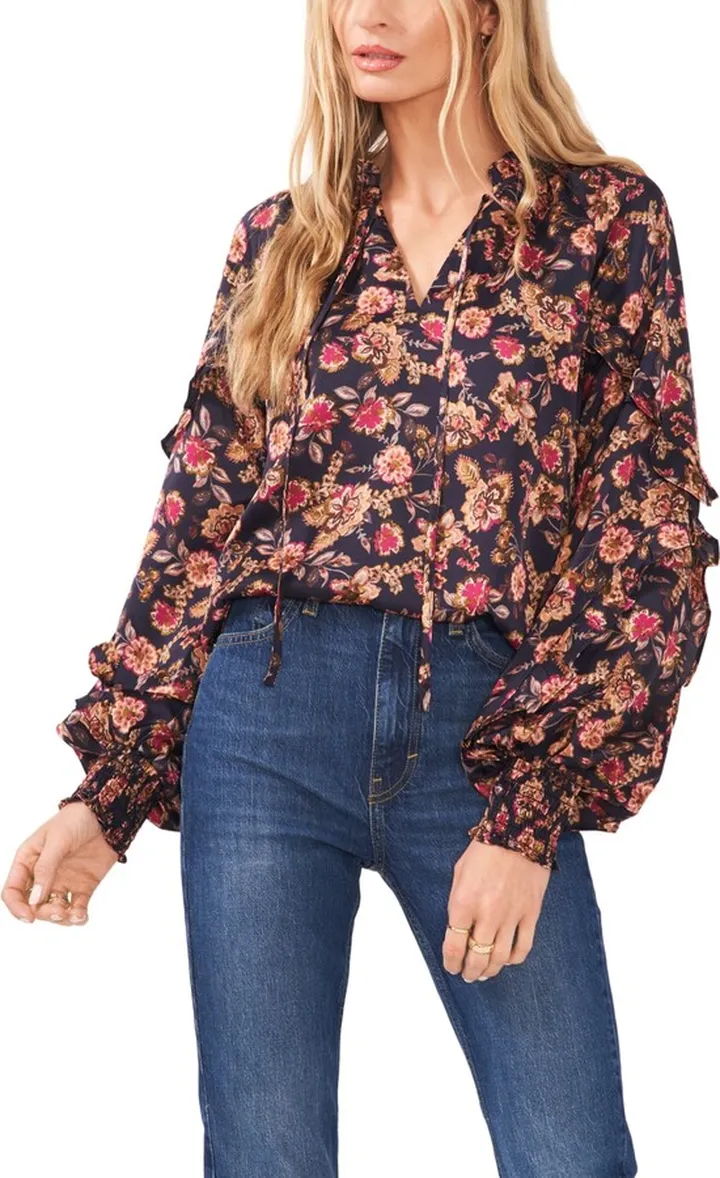 1.state Women's Ruffle Long Sleeve Split Neck Blouse