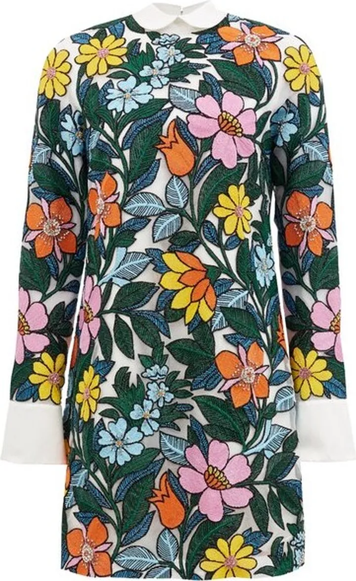 Beaded Floral-embroidered Organza Mini Dress