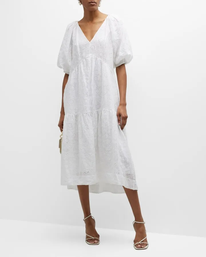 Eyelet Puff-Sleeve Midi Dress