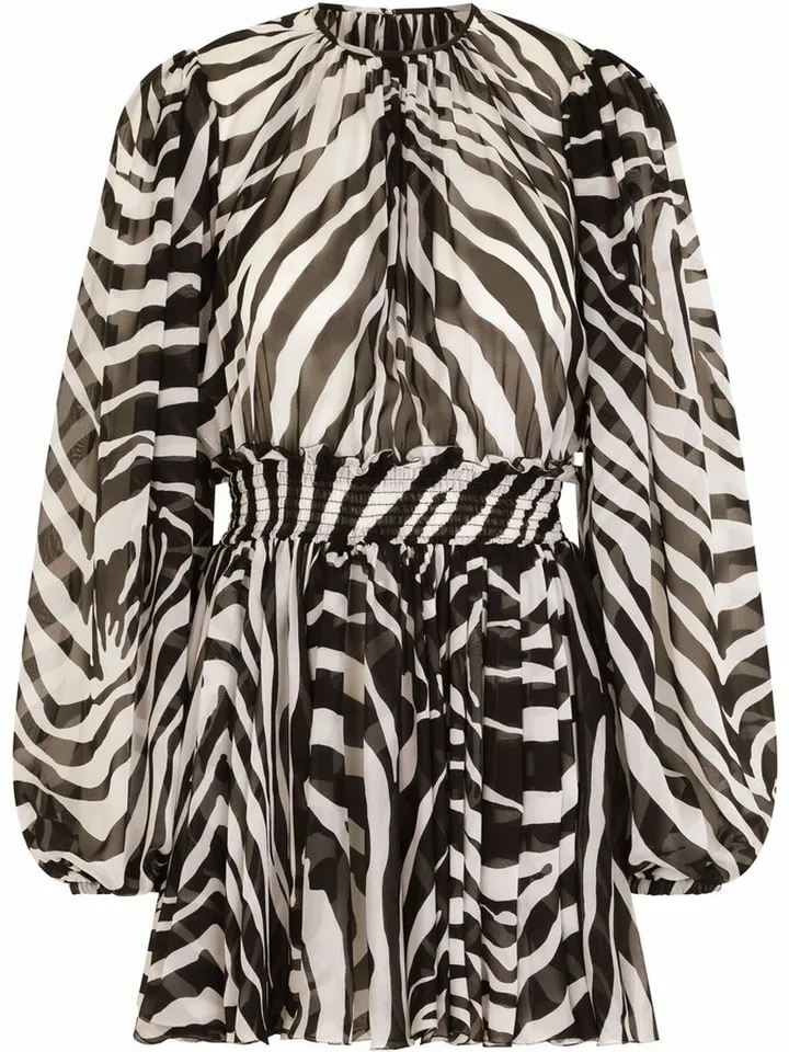 Zebra-Print Puff-Sleeve Mini Dress