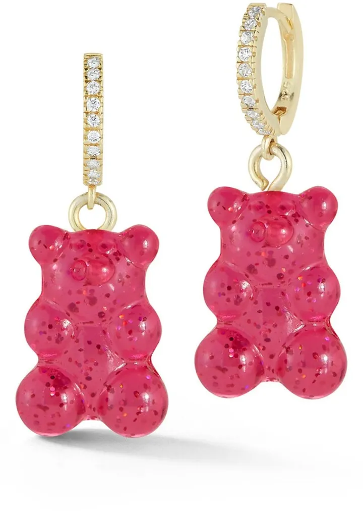 14K Gold Plated Sterling Silver & CZ Gummy Bear Hoop Earrings
