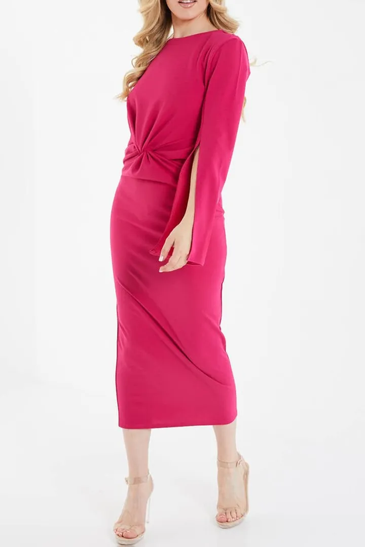 Knot Front Frill Sleeve Midi Dress