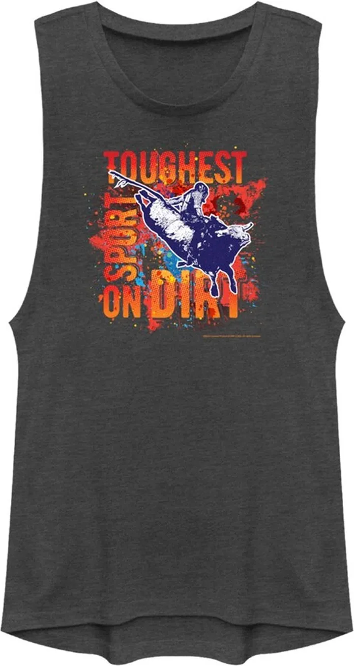Junior's Professional Bull Riders Toughest Sport on Dirt Paint Splatter Festival Muscle Tee - Charcoal - 2X Large